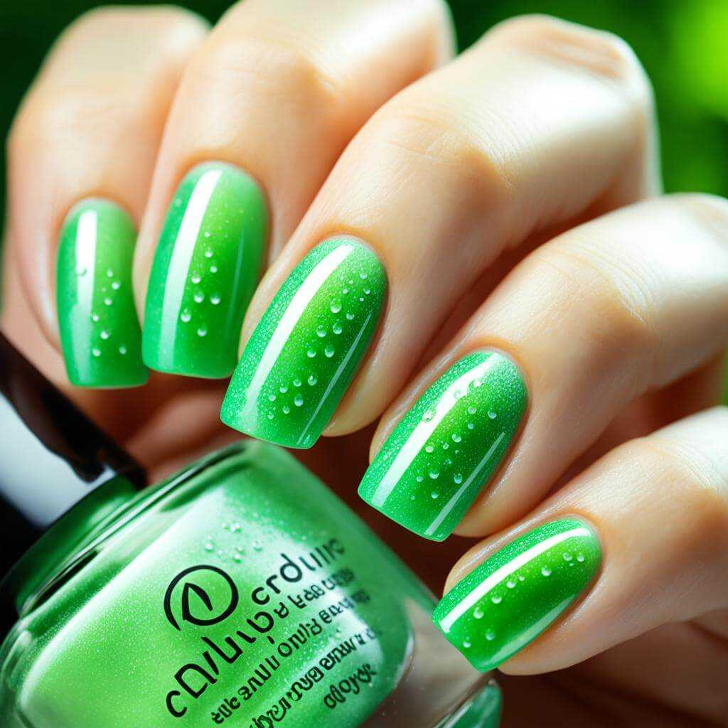 green manicure with dewdrop effect