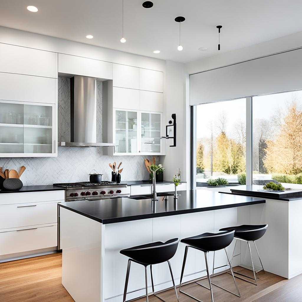 white kitchen with black countertops